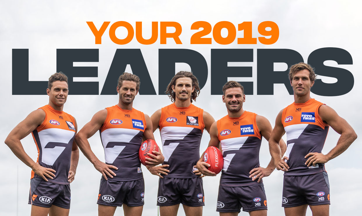 The GIANTS 2019 Leadership Group: Josh Kelly, Callan Ward, Phil Davis, Stephen Coniglio, Matt de Boer. The 2019 GIANTS leadership group (left to right): vice-captain Josh Kelly, co-captain Callan Ward, co-captain Phil Davis, vice-captain Stephen Coniglio and Matt de Boer. - AFL,GWS Giants,Phil Davis,Callan Ward,Stephen Coniglio,Josh Kelly,Matt de Boer